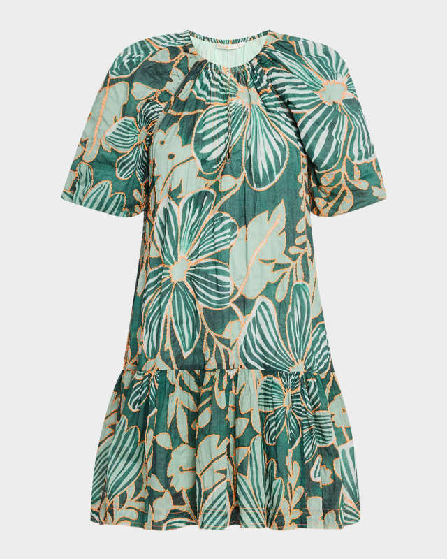 Greta Embroidered Botanical-Print Mini Dress
